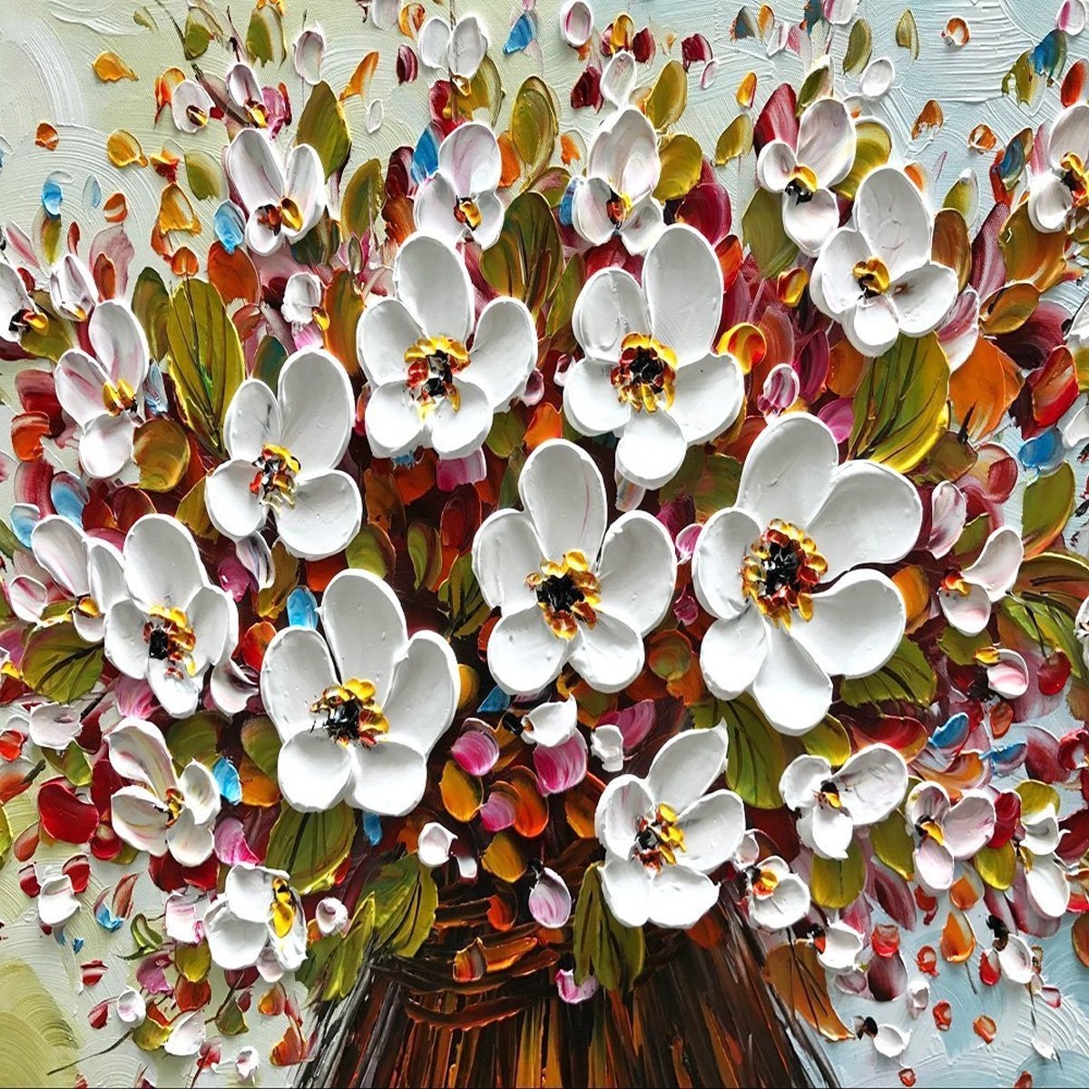 Quadro Pintura Tela flores único tamanho branco óleo 5320: 80cm (A) x 160	cm (L) - 3