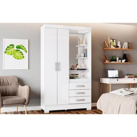 Guarda Roupa Solteiro 2 Portas e 3 Gavetas C- Espelho e Pés Briz B64 Branco - Henn