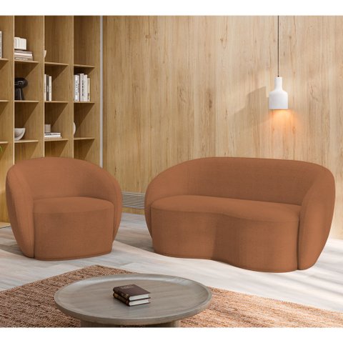 Sofá 3 Lugares Living 180cm e 1 Poltrona Giratória Garbin K04 Bouclê Terracota - Mpozenato