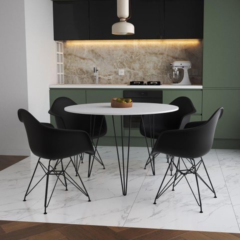Mesa Jantar Redonda 90cm Branca Clips 3 Pés com 4 Poltronas Pretas Ferro Preto Branco