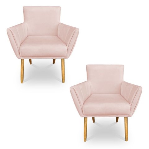 Kit 2 Poltronas Decorativa Leticia Suede Rosa Bebê Pés Palito Castanho - Pallazio