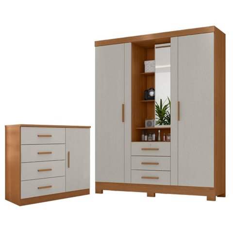 Guarda Roupa Solteiro Capelinha Premium 3 Portas com Cômoda Sapateira Genova Plus 4 Gavetas