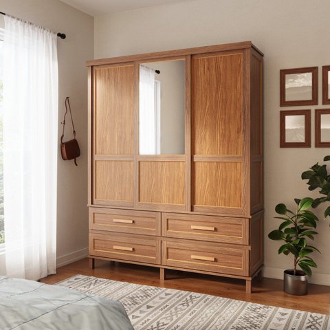 Guarda-roupa Casal com Espelho 3 Portas de Correr e Quatro Gavetas