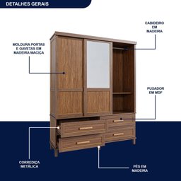 Guarda-roupa Casal com Espelho 3 Portas de Correr e Quatro Gavetas - 6