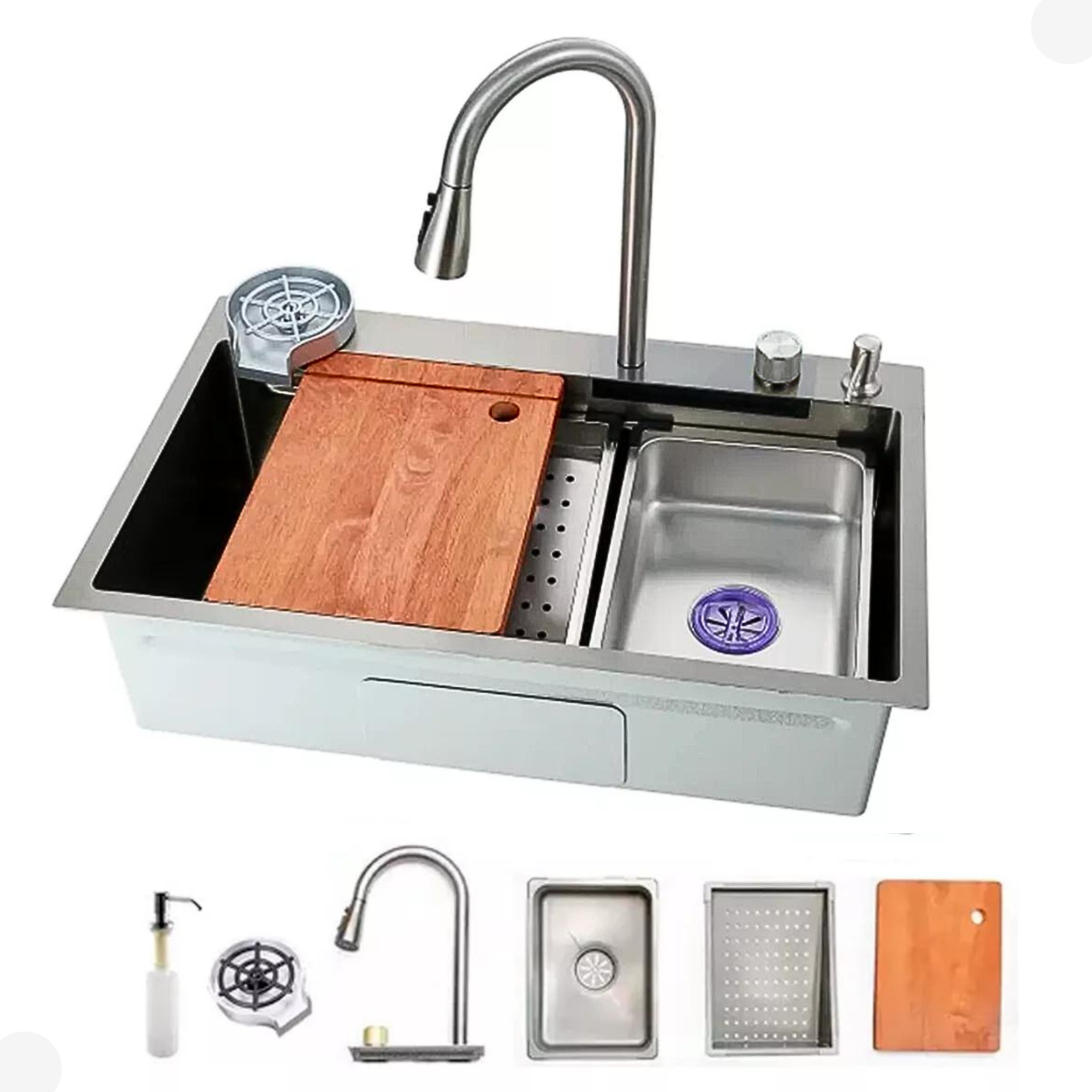 Cuba Cozinha Gourmet Premium Cascata com Torneira Lavador Copos Aço Inox 304 Cromado - 4