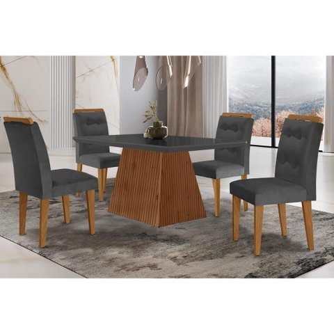 Conjunto: Mesa Sala Jantar Luna C/ Tampo Madeirado C/ Vidro Canto Curvo 120x80cm e 4 Cadeiras