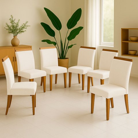 Kit 6 Cadeira de Jantar Emily Estofada Veludo Bege Pé de Madeira Castanho - Arkell