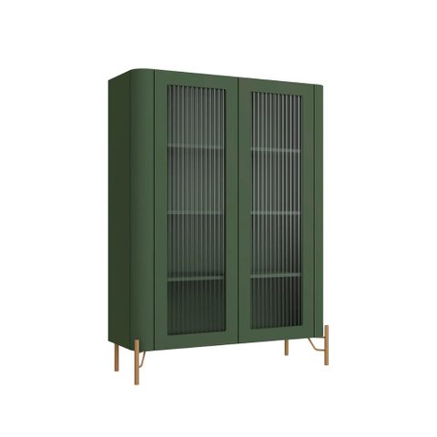 Cristaleira com 2 Portas 98,5cm Vidro Canelado Pés em Metal Cor:musgo com Dourado