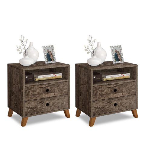 Kit 2 Criados de Cabeceira Retro Pes Palito 2 Gavetas Castani