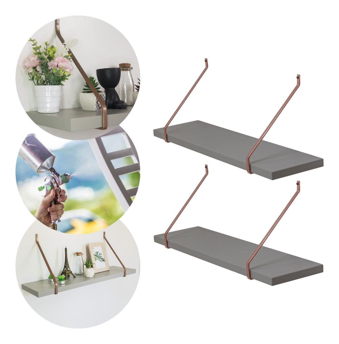 Kit 2 Prateleiras Cinza Madeira Mdf 70cm Laqueado Suporte Metal Decoração Moderno -organizze Móveis - 1