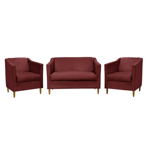 Kit Namoradeira e 2 Poltronas Titânio Suede Vermelho