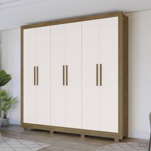 Guarda Roupa com 6 Portas e 2 Gavetas e Pés - Nogueira/branco