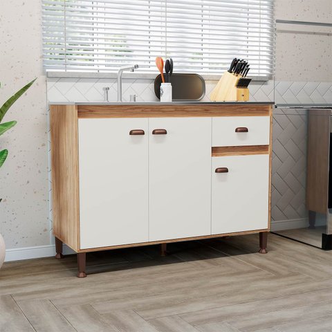 Balcão para Pia para Cozinha 120cm Puxador Concha Mel Off White Móvel Bento