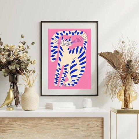 Quadro Abstrato Gato Rosa - 60x48cm:madeira Preta