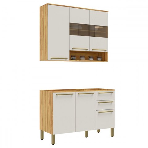 Cozinha Compacta Napoli 6 Portas 2 Gavetas 100% Mdf com Vidro Amêndoa/off White - Rio Doce