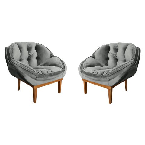 Kit 2 Poltronas Decorativa Marcela Veludo Cinza Base Madeira Castanho - Pallazio