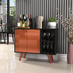 Aparador Buffet Balcão 2 Portas e 2 Nichos Retrô para Sala de Jantar Preto com Cobre - 8