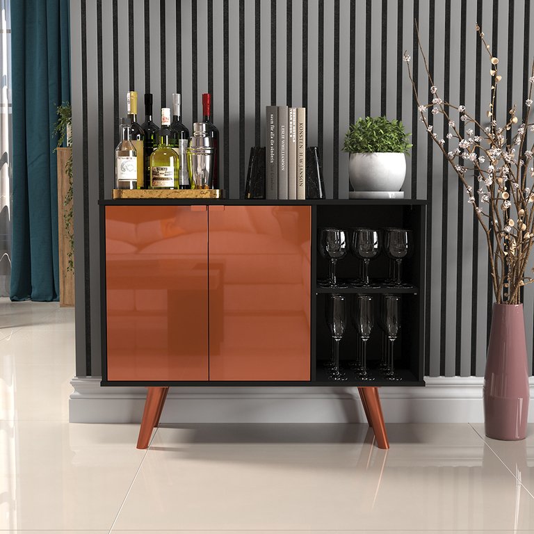 Aparador Buffet Balcão 2 Portas e 2 Nichos Retrô para Sala de Jantar Preto com Cobre Aparador Buffet Balcão 2 Portas e 2 Nichos Retrô para Sala de Jantar Preto com Cobre