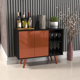 Aparador Buffet Balcão 2 Portas e 2 Nichos Retrô para Sala de Jantar Preto com Cobre - 4
