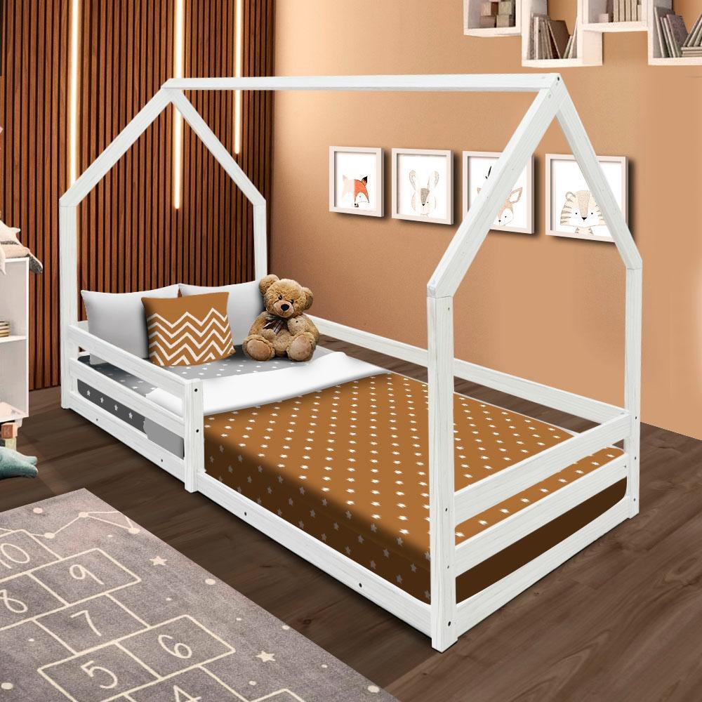 Cama Solteiro Madeira Maciça Montessoriana Casinha Branco Amore Shop JM ...