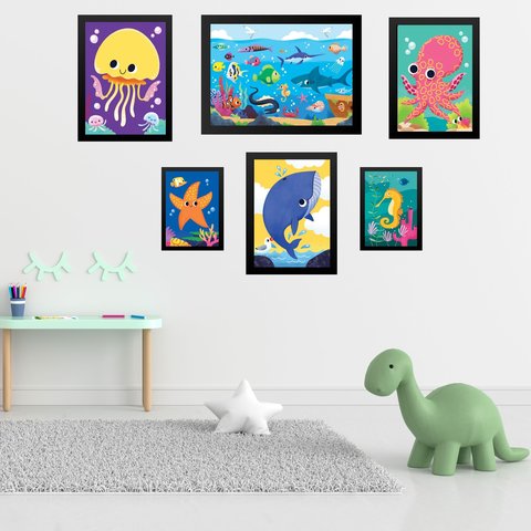 Kit 6 Quadros Quarto Infantil Tema Animais Marinhos - com Vidro:moldura Branca