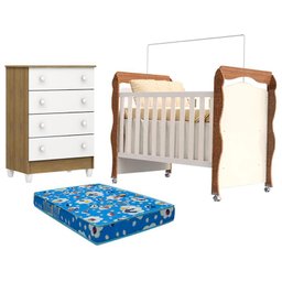 Berço Americano New Nanda e Cômoda Gaveteiro Mel Flat Branco Acetinado Amadeirado com Colchão Ortobo - 1