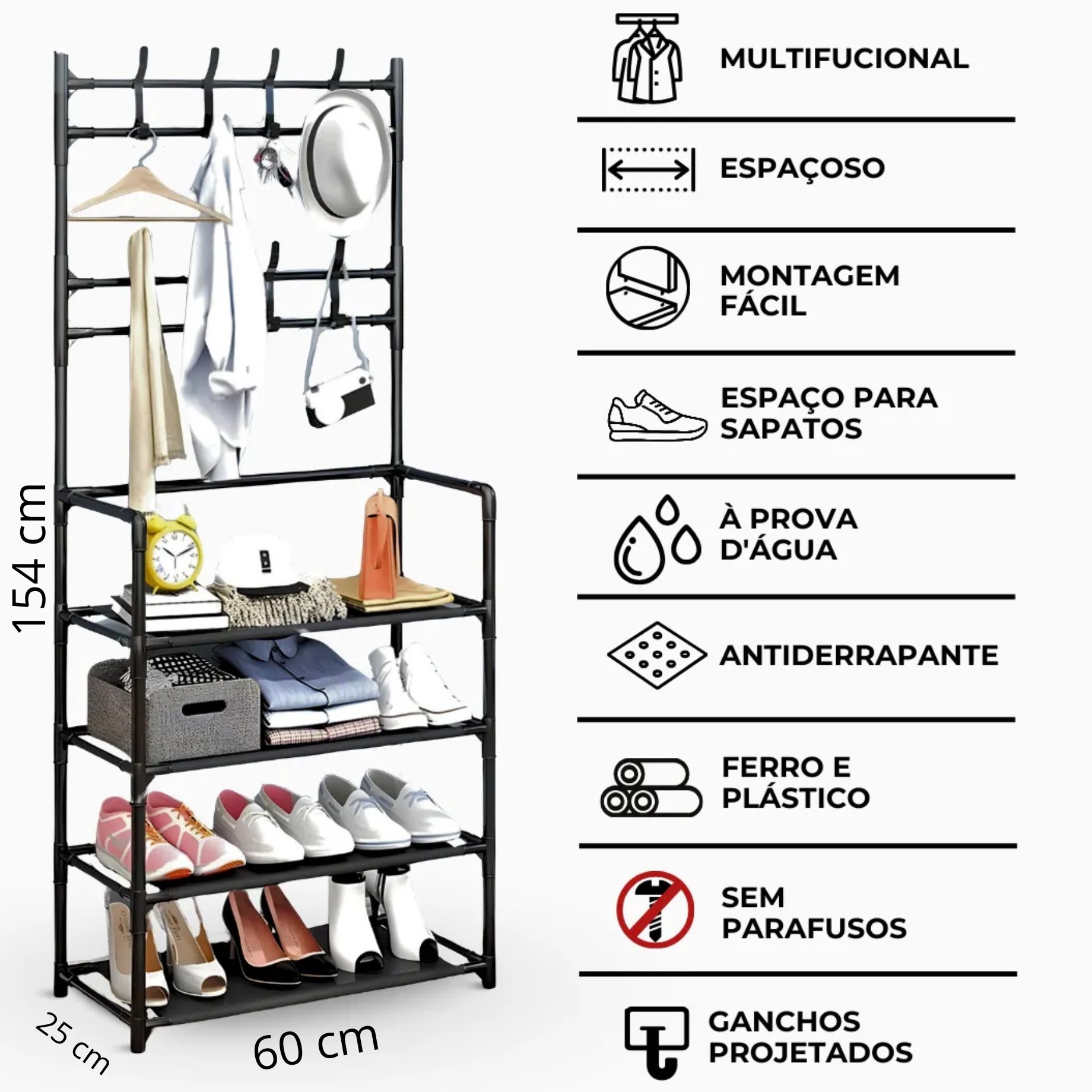 Arara Sapateira Cabideiro Organizador de Sapatos e Roupas Preto - 5