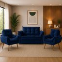 Ver imagem 1 de Sofá Conjunto Poltrona e Sofá Pequeno 2 Lugares 140cm Azul Marinho Suede