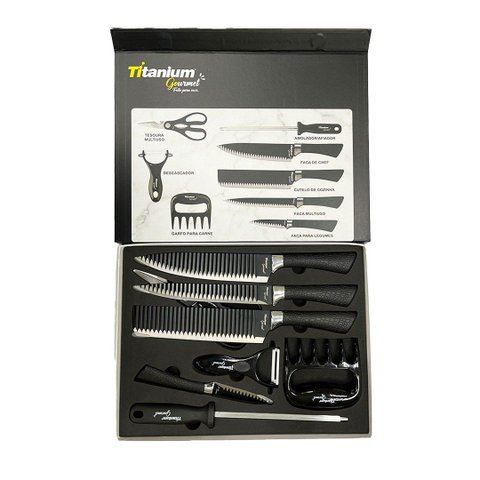 Kit para Churrasco Facas Titanium 8 Pçs Premium Gourmet Inox:preto