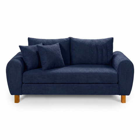 Sofa Living 185cm Tecido Boucle Almofadas Soltas Pes em Madeira: Azul