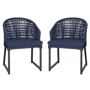 2 Cadeira Noronha Aluminio Micro Pintura Preta, Tr. Telinha Corda Nautica Azul Marinho, Estofado -