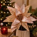 Ver imagem 2 de Flor Bico de Papagaio Pick Natal Luxo Rosê Gold Tecido Frisado Glitter e Lantejoulas 28cm