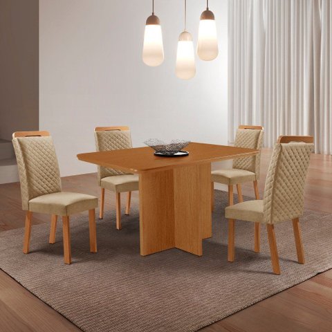 Mesa de Jantar Olímpia 120cm Tampo MDF Laminado Canto Copo com 4 Cadeiras Lorena