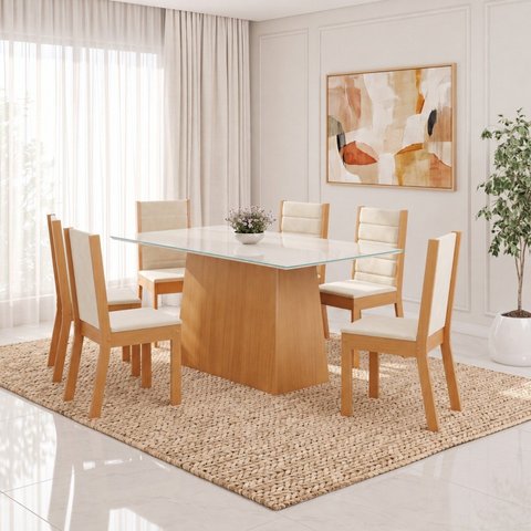 Conjunto Sala de Jantar Mesa Dora 160cm Tampo MDF e Vidro Canto Reto 6 Cadeiras Evelin