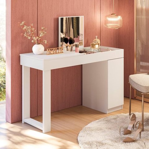 Escrivaninha Penteadeira Love com Vidro de Correr Espelho Prateleira – Design Moderno - Branco