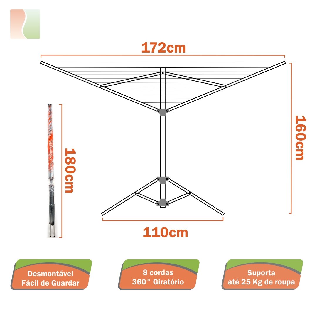 Varal de Chão Giratório Parabólico Aço Galvanizado 8 Cordas Corda Azul - 3