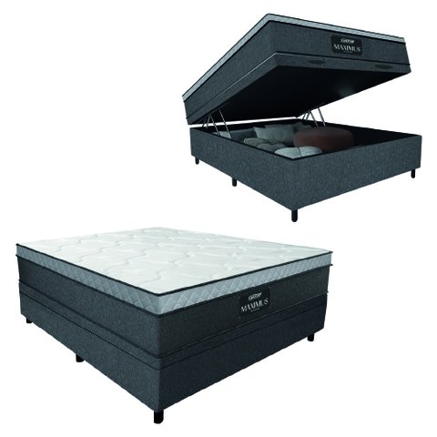 Cama Box Baú Casal Colchão Gazin Maximus Molas Ensacadas 138x188x65cm Linho Grafite / Preto