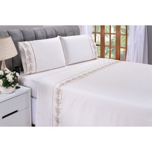 Jogo Lençol Casal Queen Bordado 400 Fiosfloral Palha 4 Pçs
