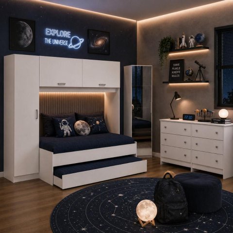 Quarto Infantil Modulado Bicama com Guarda-Roupa e Colchão/Cômoda/Sapateira Pulse Multimóveis