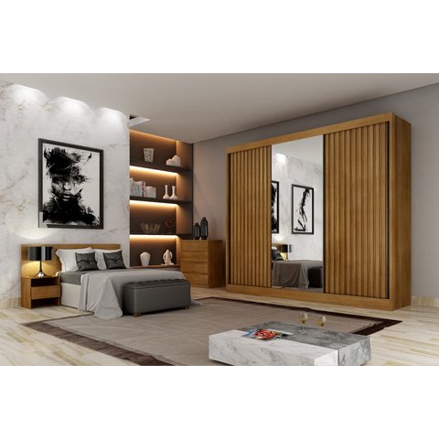 Guarda Roupa Casal Ripado com Espelho 3 Portas 8 Gavetas - Canastra-cumaru - Móveis Novo Horizonte