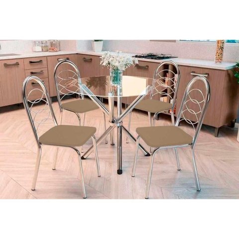 Sala de Jantar Completa Volga C/ Tampo de Vidro 95cm e 4 Cadeiras Holanda Cromada - Courano