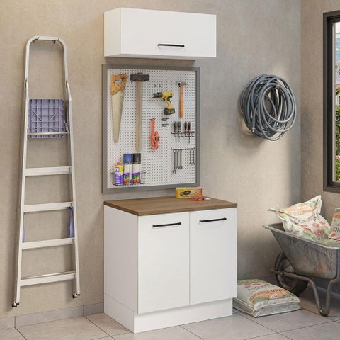 Kit com Balcão e Armário Aéreo Multiuso 80cm Branco/rustic Agata Madesa Branco/rustic