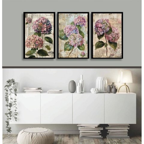 Kit 3 Quadros Florais - Hortências 45x34cm:moldura Branca