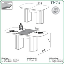 Mesa de Jantar Extensível de 1,35m a 1,85m com Tampo Arredondado Tm74 Dalla Costa Dalla Costa Off Wh - 6