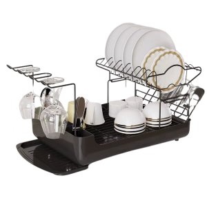 Escorredor de Louça 2 Andares Inox Cozinha Pratos e Talheres Metal e Plastico com Porta Copos e Taça