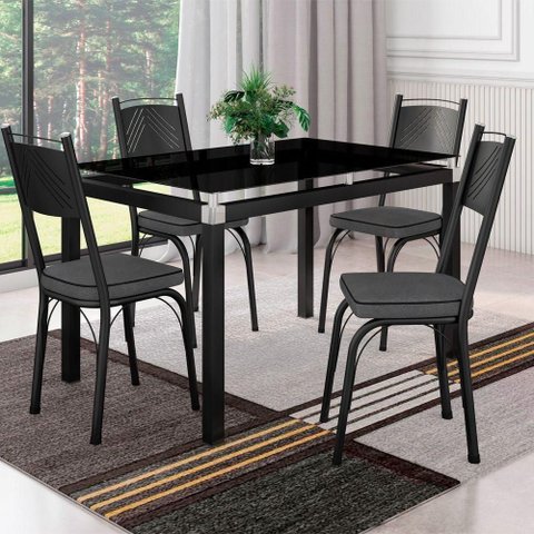 Conjunto de Mesa com 4 Cadeiras Malva Base 4118 Tampo de Vidro 107cm Sf Preto Fosco Assento Cinza