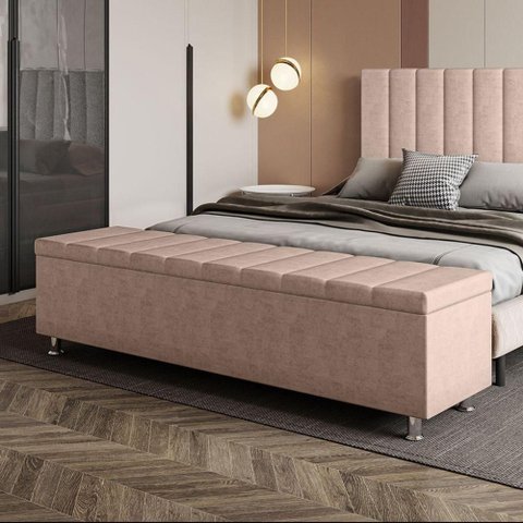 Calçadeira Baú Recamier Estofado Casal 140 Cm Ônix Veludo Rose