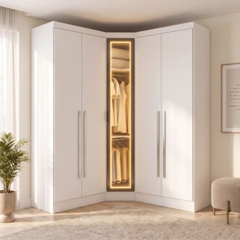 Guarda-Roupa Modulado de Canto Oblíquo Reflecta com LED 5 Portas 6 Gavetas 100% MDF Cairo