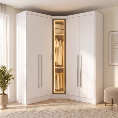 Guarda-Roupa Modulado Canto Oblíquo Reflecta com LED 5 Portas 6 Gavetas MDF Cairo Branco/Neve