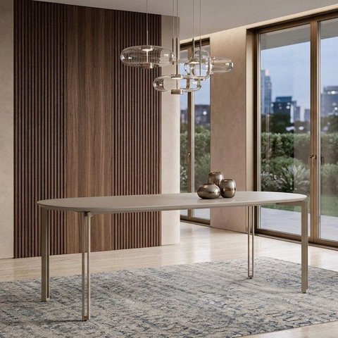 Mesa para Sala de Jantar Tampo com Vidro/MDF 200cm Base Metal Champanhe Mayra